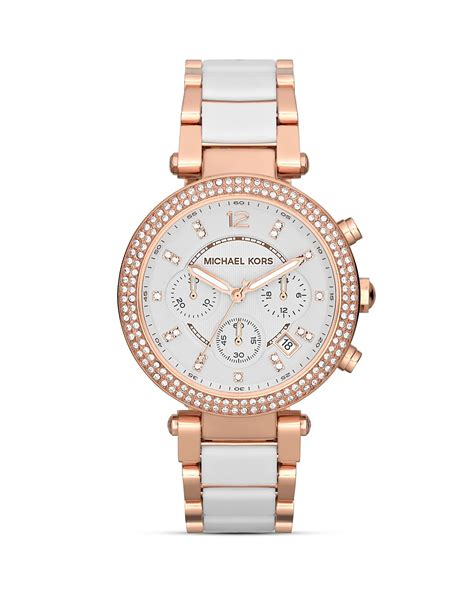 michael kors mid size white leather parker chronograph glitz watch|michael kors parker.